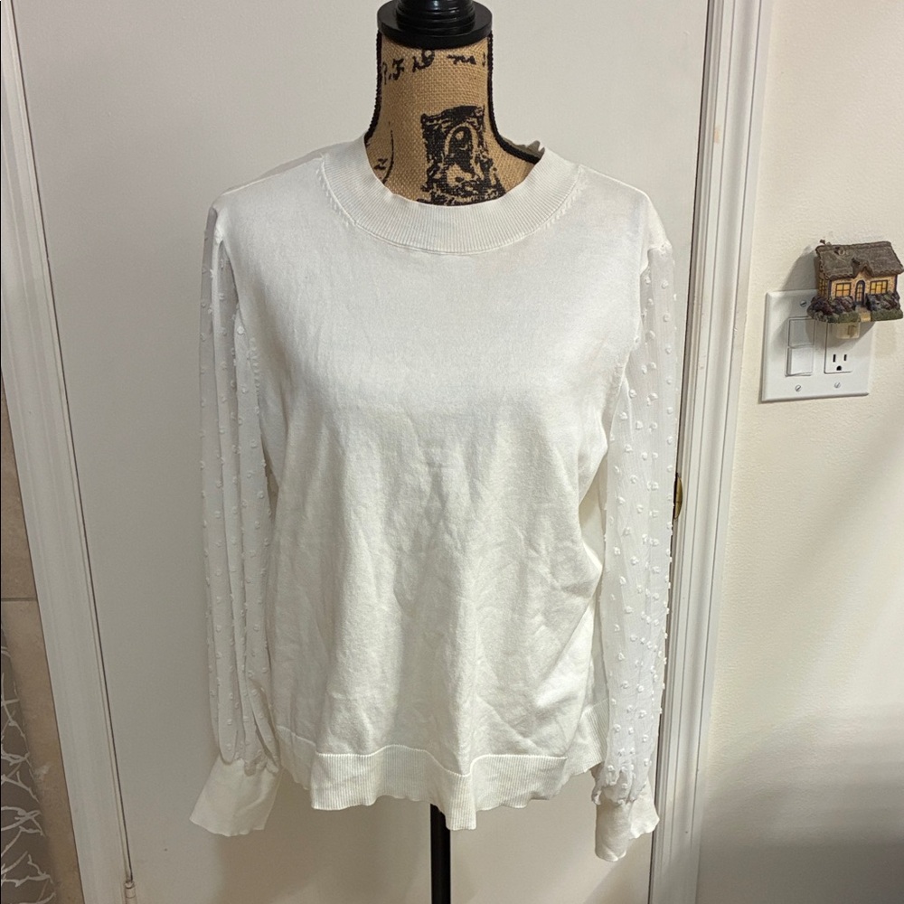 CeCe cream Sweater with Swiss Dot Sheer Sleeves in Sz XL